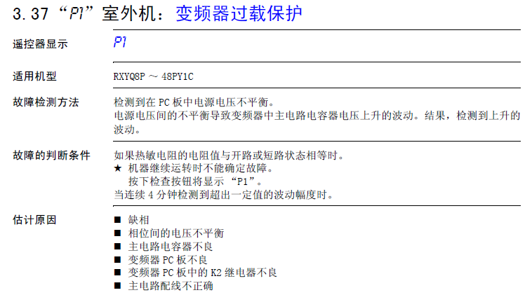 大金空调故障代码P1故障原因